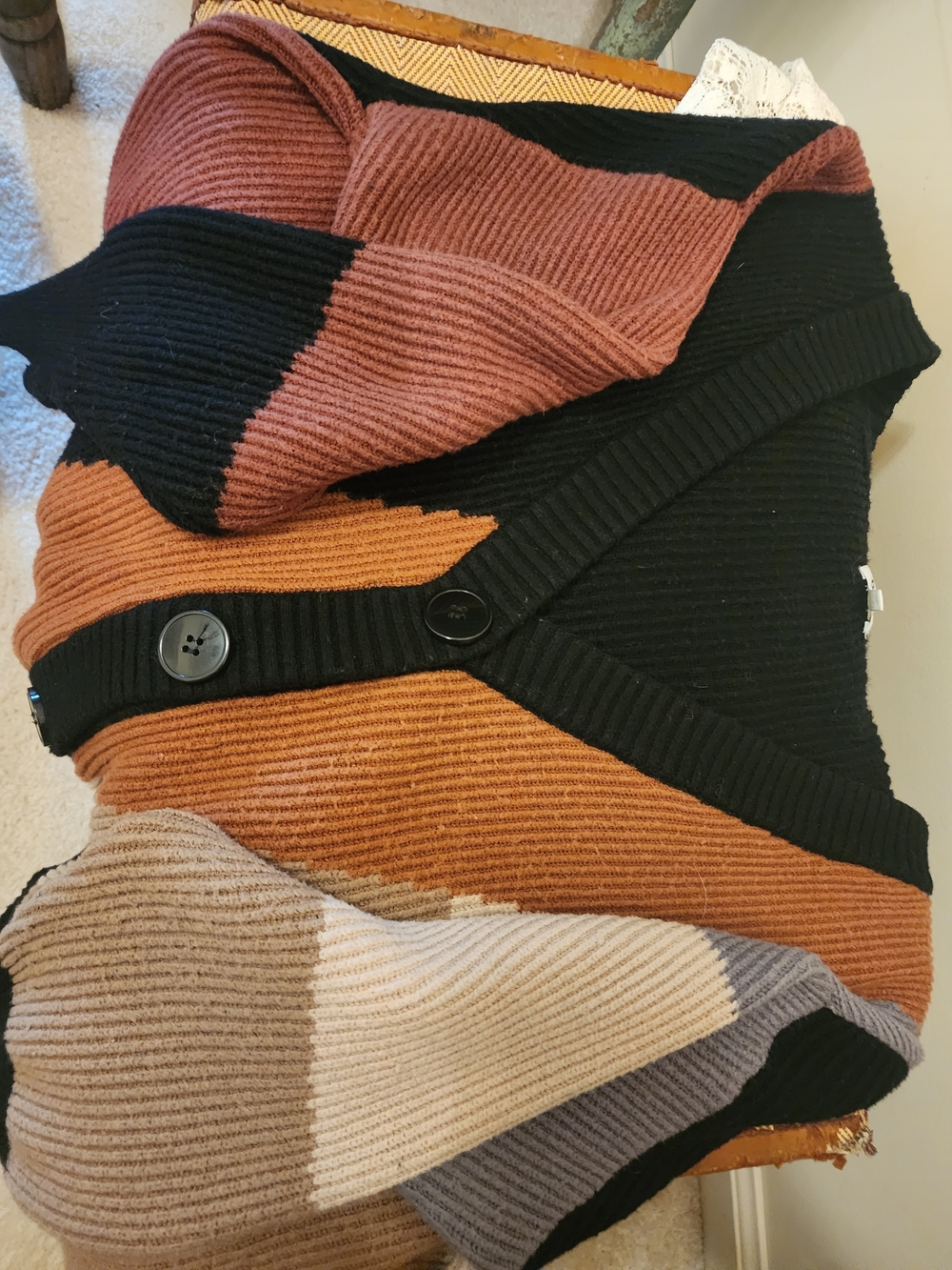 BKE Colorblock Rib-Knit Button Cardigan - Black & Rust - Picture 3 of 3